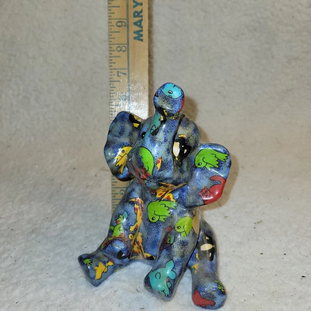 Vintage Ceramic Elephant Coin Bank‎ Blue Zoo Animal Print Whimsical 1990s Decor